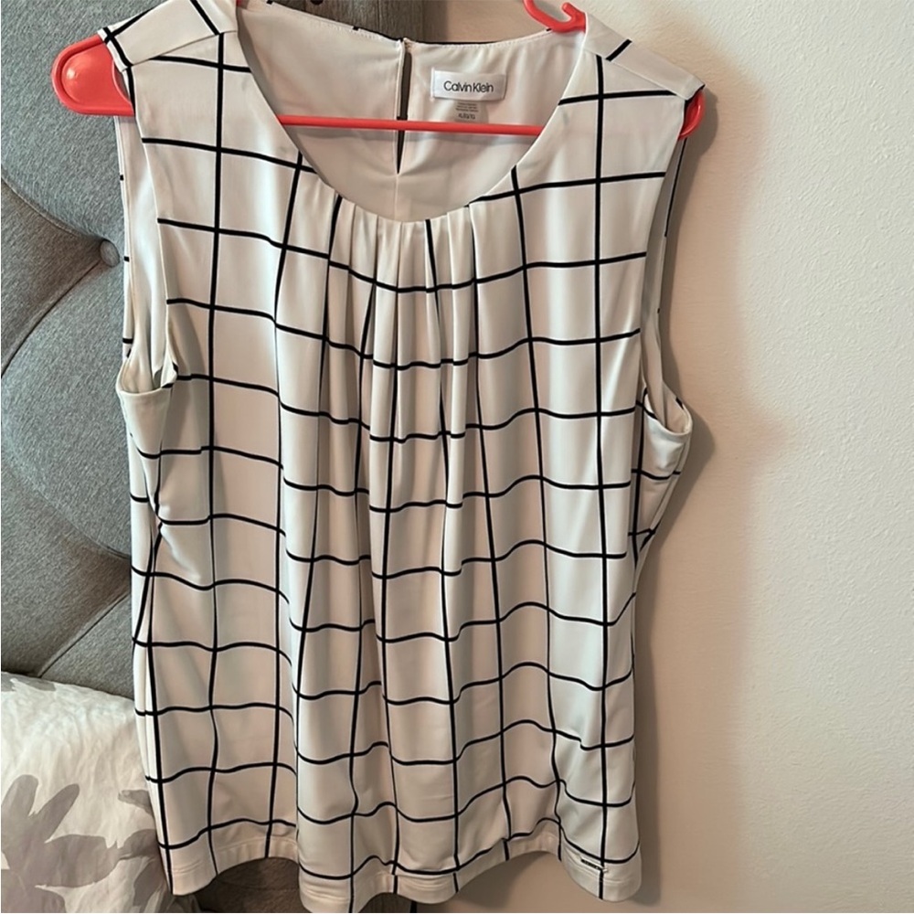Calvin Klein Women's White Top with Black Grid Pattern